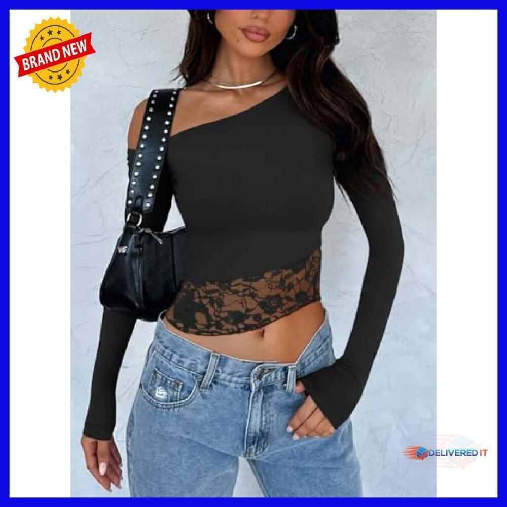 Long Sleeve Crop Top Double Lined Lace Off Shoulder Y2k Trendy - Picture 3 of 8
